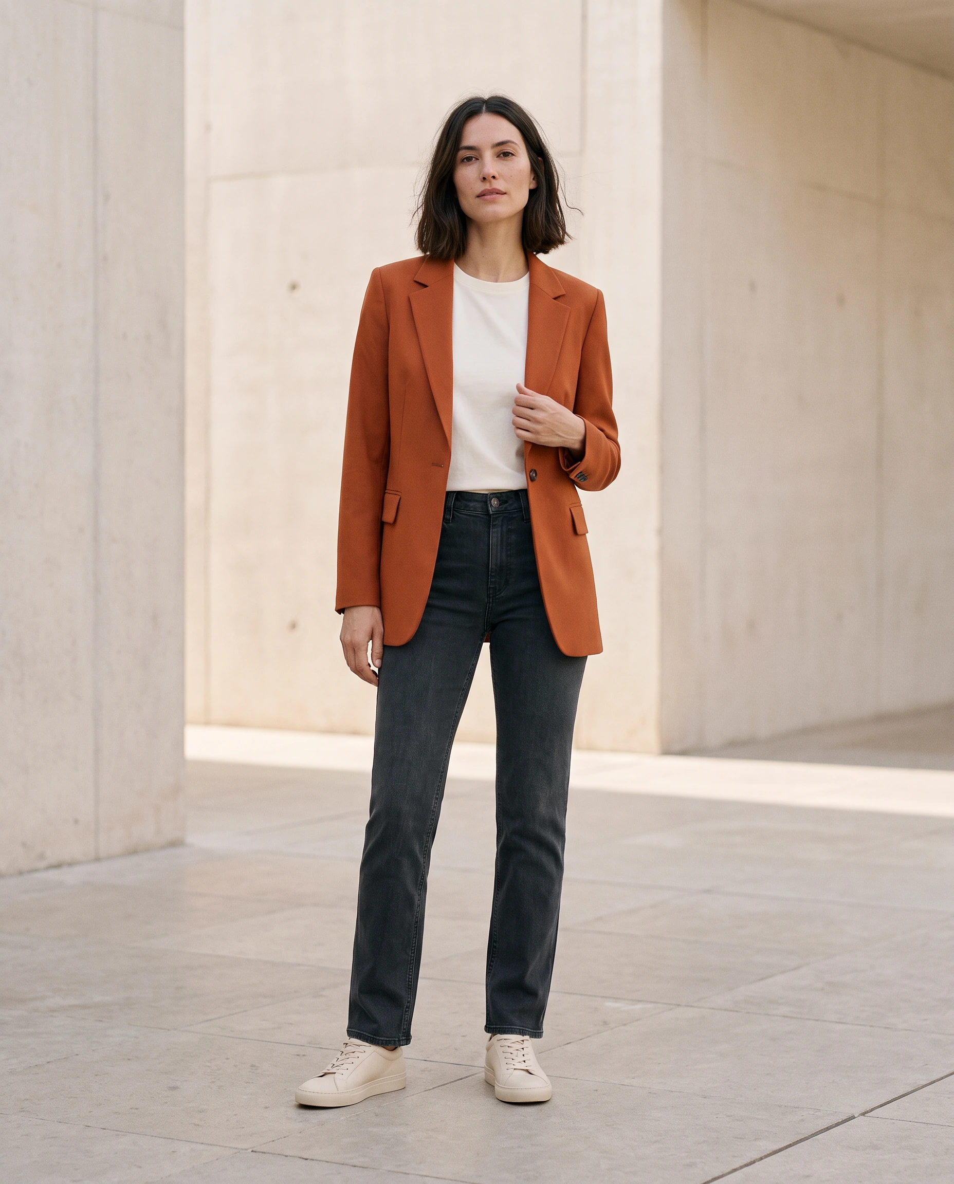 KI-Bildillustration einer erwachsenen Frau mit rostorangefarbenem Blazer, cremefarbenem Baumwollshirt, anthrazitfarbener gerader Jeans und cremefarbenen Sneakern vor ruhiger moderner Architektur